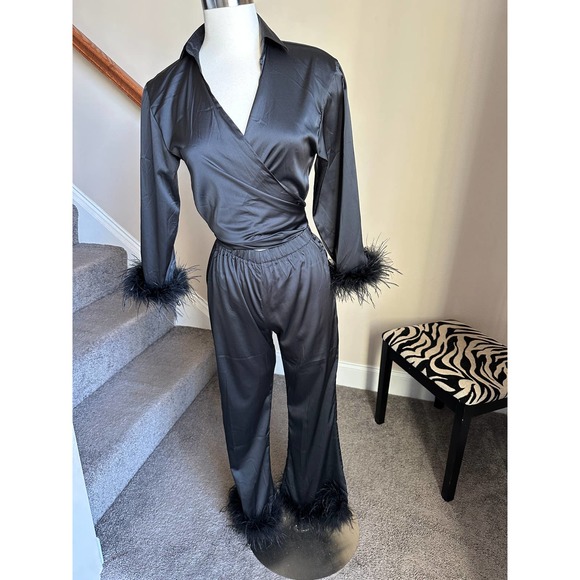 Black satin feather trim top and feather trim pants set (2 pcs) size small NWT - Picture 5 of 15